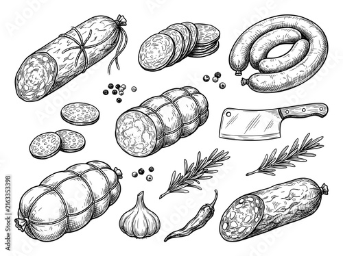 Black ink sketch of salami, chorizo slice, sausage, butcher cleaver and garlic, isolated on white background