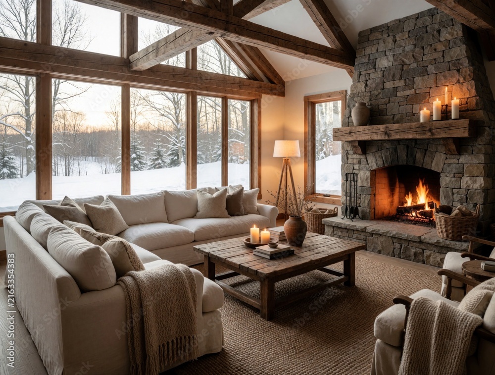 Fototapeta premium Log cabin living room with large sectional sofa, rustic stone fireplace, and wood beams. Snow covered trees seen through panoramic windows create a cozy winter retreat atmosphere.