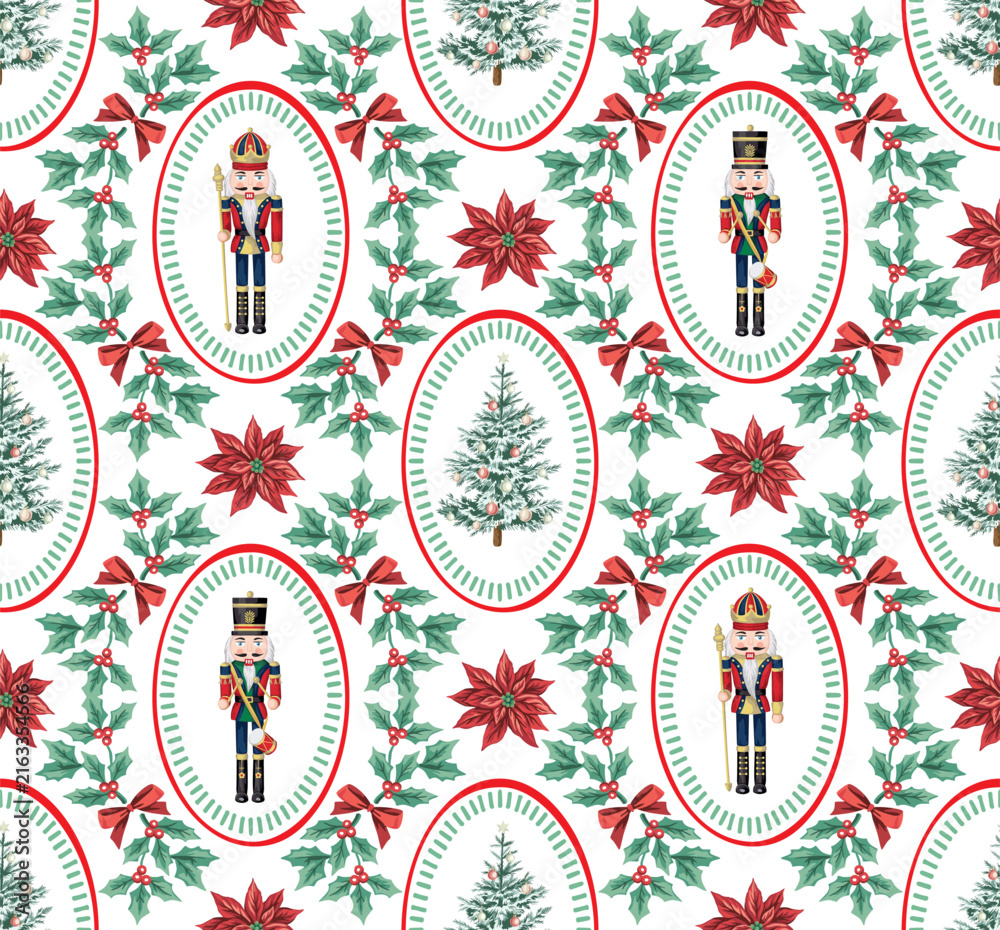 Naklejka premium Christmas tree, nutcracker, mistletoe, red flower seamless pattern. Winter holiday wallpaper.