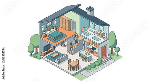 Isometric cross section of a modern house interior with people on stairs