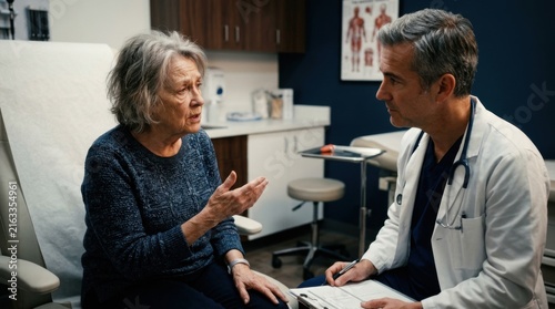 Caring Doctor Consults With Elderly Patient In Medical Office Setting