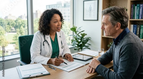 Caring Doctor Consults With Patient In Modern Clinic Office