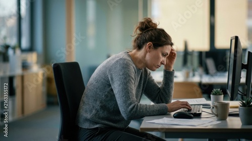 Businesswoman Feeling Overwhelmed At Her Work Desk In A Modern Office Environment