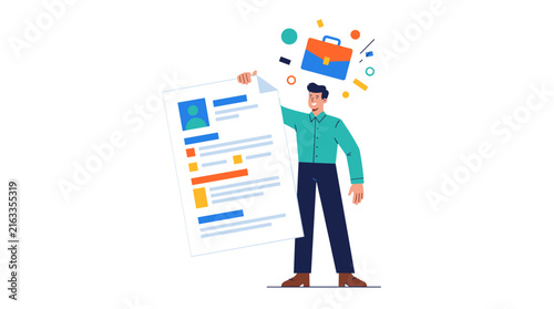 Man holding a resume and briefcase with colorful abstract shapes