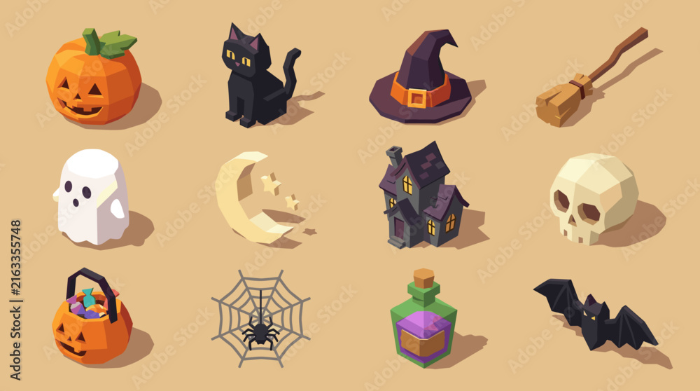 Fototapeta premium Halloween Icons Collection Featuring Pumpkin Cat Witch Hat Broom Ghost Moon House Skull Spider Potion Bat