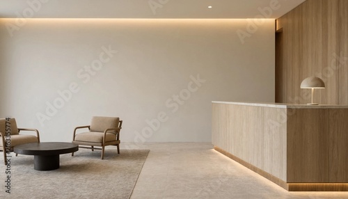 Modern minimalist office reception area with a wooden desk comfortable armchairs and soft warm ambient cove lighting