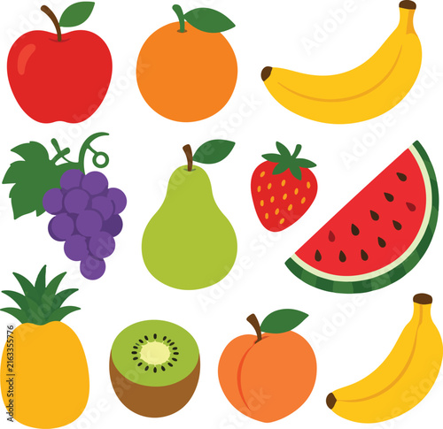 Fresh fruit flat vector illustration collection featuring apple, orange, banana, grapes, pear, strawberry, watermelon, kiwi and citrus fruits isolated on white background