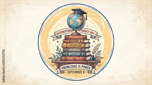 International Literacy Day emblem badge with globe on stack of books concept photo