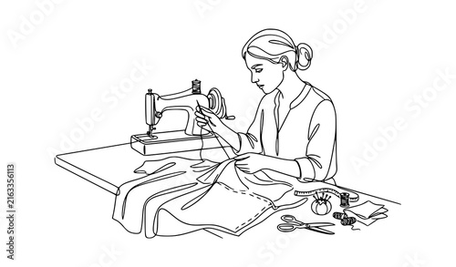 Canvas Print Seamstress Hand Basting Fabric Tailoring Sewing Machine Craft One Line Vector Il