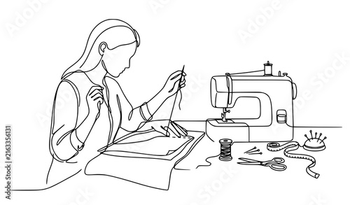 Foto Woman Seamstress Hand Basting Fabric Before Machine Sewing Tailoring One Line Ve