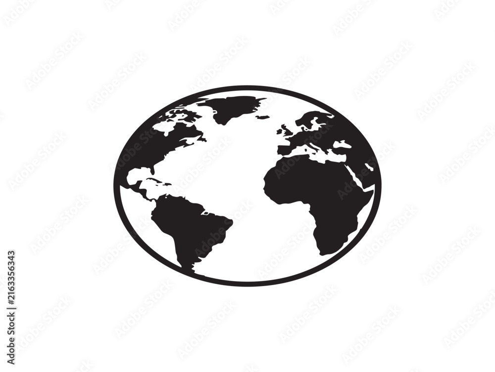 Fototapeta premium Minimalist earth globe icon with continents in black silhouette. Simple world map outline vector for global business and eco themes.