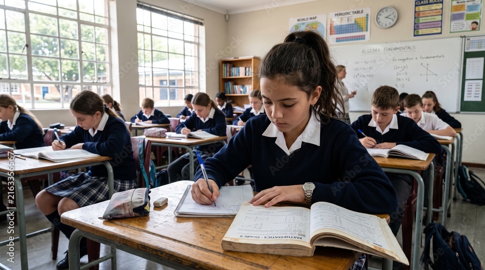 Fototapeta premium Diverse group of students in a classroom setting, focused on their studies, writing in notebooks and reading textbooks during a mathematics lesson