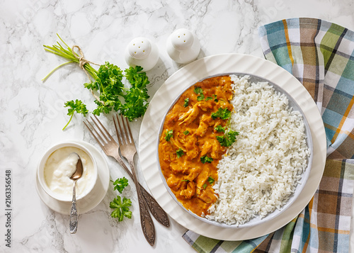 Creamy paprika chicken breast strips with rice