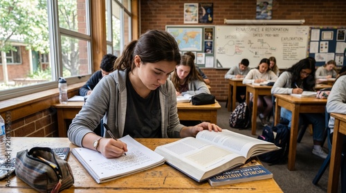 High school students studying in a classroom, focusing on a young girl writing in her notebook while reading a history textbook at her desk
