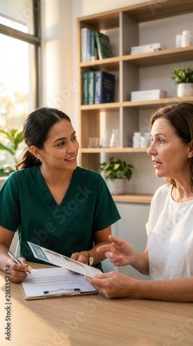 Caring Doctor Consults Patient Discussing Medical Information Professional Healthcare Setting