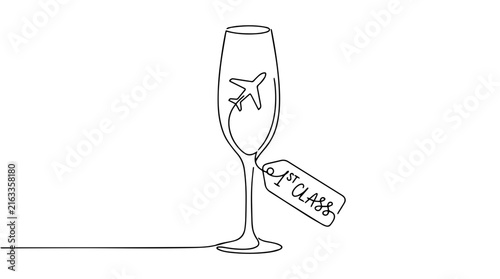 First class flight concept. Continuous line drawing of champagne glass with airplane and luggage tag. Minimalist travel vector illustration