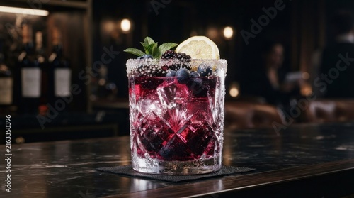 Blackberry cocktail with lemon slice in crystal glass