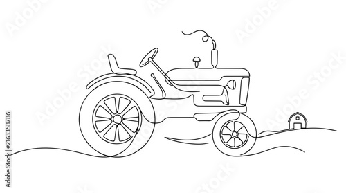 Continuous line art of a farm tractor and barn. Minimalist agritourism vector illustration. Rural countryside travel concept