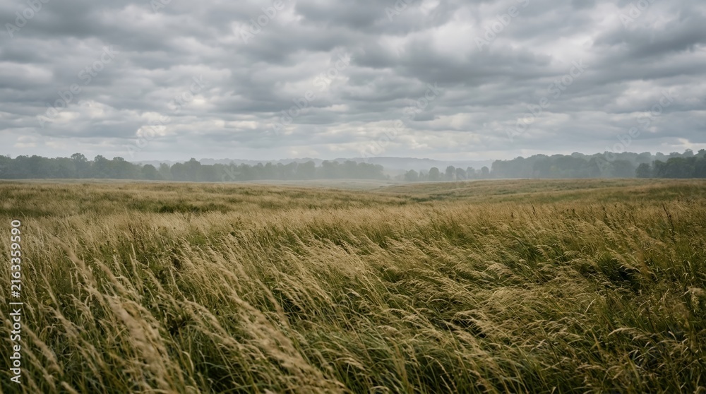 Obraz premium Serene Landscape of a Wind-Swept Grassy Meadow Under a Moody Gray Cloudy Sky with Distant Trees and Misty Horizon