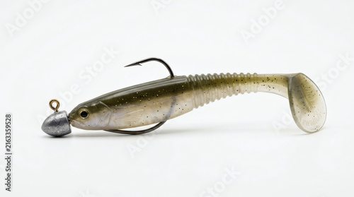 A detailed shot of a fishing lure with a weighted hook, designed for enticing fish