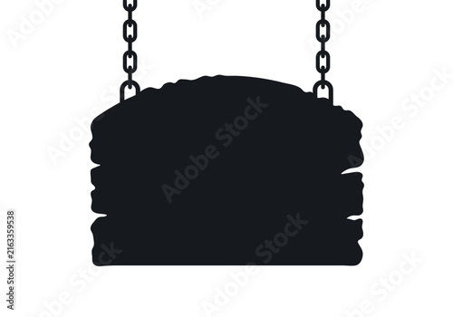 Sign board hanging on chains icon. Black silhouette. Front view. Vector simple flat graphic illustration. Isolated object on a white background.