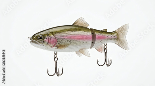 A realistic fishing lure designed to imitate a trout, equipped with two treble hooks for effective angling