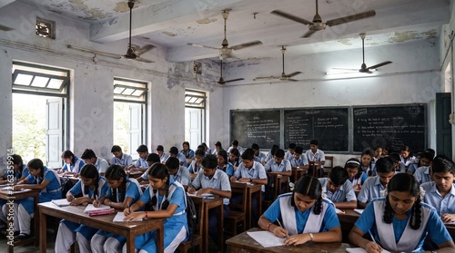 Students in uniform writing an exam in a classroom
