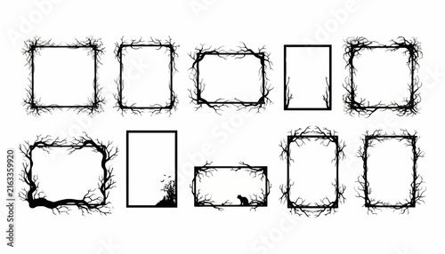 Set of decorative frames with spooky tree branches
