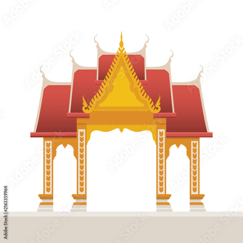 Traditional Thai Temple Gate Arch Vector Illustration Isolated on White Background, Golden Archway Entrance