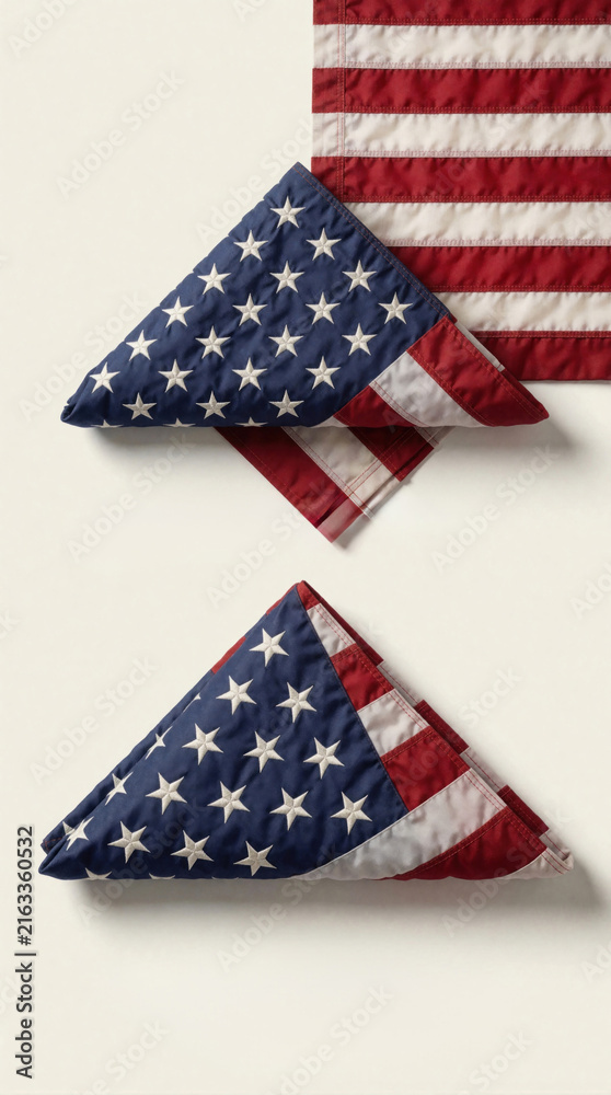 Obraz premium Two folded american flags rest on light surface. Stars and stripes display patriotic symbol. Clean composition for national holidays and events.