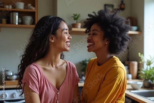 Two women smile at each other in a kitchen, radiating joy and connection.