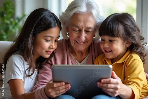 Grandmother watches a tablet with two children in a warm, natural indoor setting.