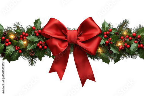 Christmas garland with red bow berries and evergreen branches