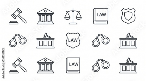 Minimal black‑and‑white line icons of law and justice: gavel, courthouse, scales, book, badge, handcuffs, courtroom; clean symbolic legal system design.
