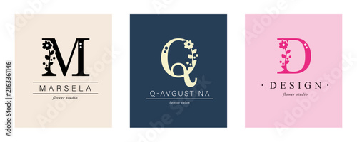 Logo M, Q, capital letter D. Monogram of Botanical Minimalistic, Initial. with Organic Plant Elements. chamomile, Dandelion. Vector design.