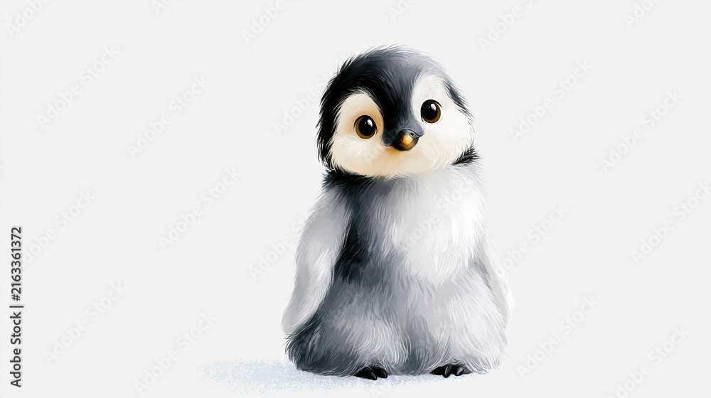 Fototapeta premium Cute Baby Penguin with Big Eyes Sitting on Snow