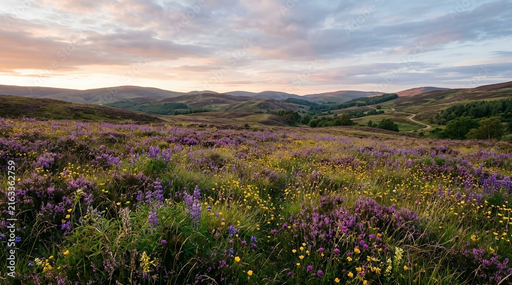 Fototapeta premium Vibrant Field of Purple Heather and Yellow Wildflowers over Rolling Hills during a Colorful Sunset Scenic Vista