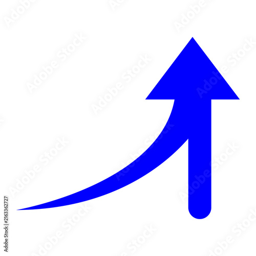 Bold blue upward arrow with a curved shape representing growth, progress, improvement and success, isolated on a white background, vector