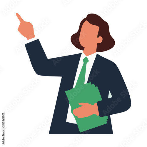 Professional businesswoman holding documents and pointing upward in a confident presentation pose, colorful flat illustration isolated on a white background, vector