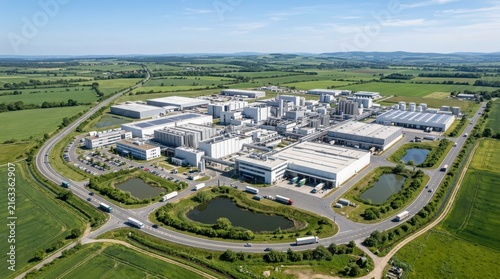 Aerial view of large industrial complex with multiple buildings and parking areas aerial industrial complex