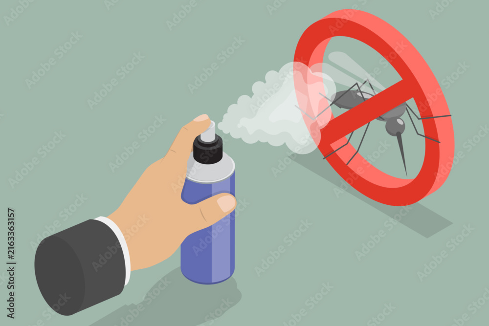 Naklejka premium 3D Isometric Flat Vector Illustration of Mosquito Spray, Combat Blood-Sucking Insects And Disease Spread