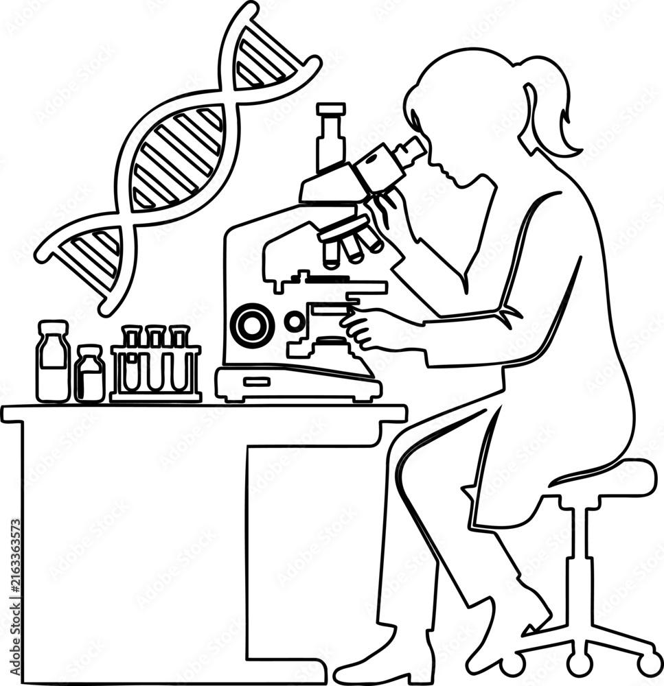 Fototapeta premium Female scientist with microscope and DNA strand line art vector, minimal genetics lab research outline illustration