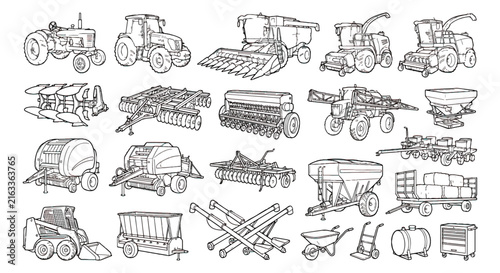 Obraz na płótnie Agricultural machinery line art icons, 20 farm equipment vector illustrations, h