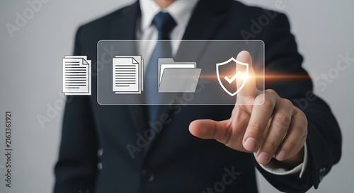 Professional Businessman Selecting Secure Digital Document Management System Interface for Enterprise Data Protection and Cybersecurity Compliance