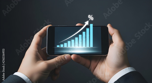 Hands Holding Smartphone Displaying Rising Percentage Growth Chart for Financial Investment Success and Business Data Analysis Performance