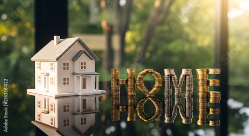 Miniature Residential Model Next to Golden Coin Stack Spelling Home Concept for Real Estate Investment Savings and Property Financial Planning