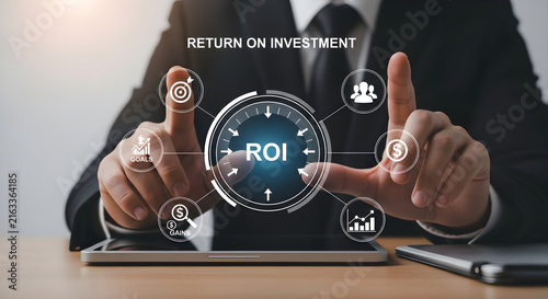 Professional Business Executive Analyzing Key Return on Investment Metrics and Financial Performance Growth Using Advanced Digital Interface Technology