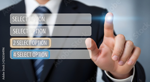 Businessman touching a virtual screen interface to make a business selection from a digital menu for corporate management software efficiency