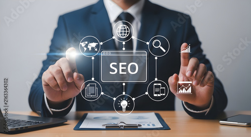 Businessman Interacting with Digital SEO Strategy Icons for Website Ranking Optimization and Comprehensive Online Marketing Growth Planning