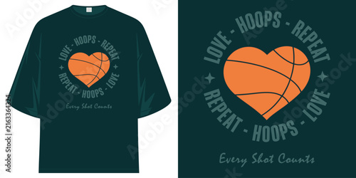 love hoops repeat every shot counts heart basketball graphic sports streetwear athlete tee t shirt design vector illustration artwork